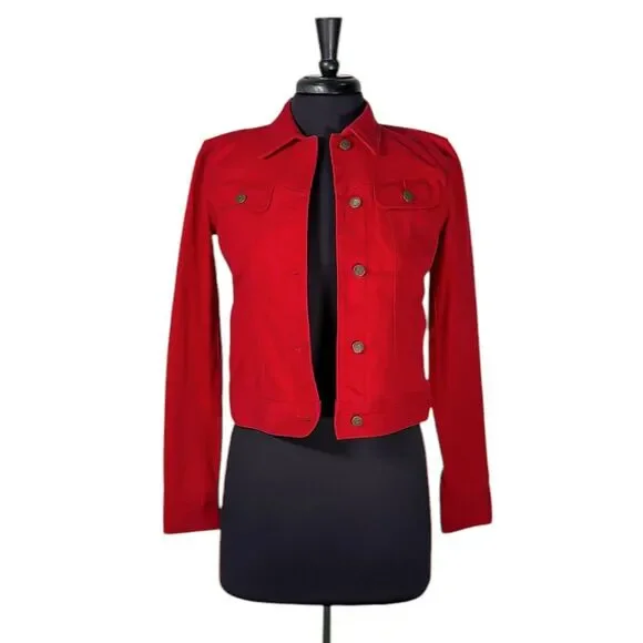 Ralph Lauren Womens Jean Jacket Red Button Front Stretch Denim Preppy Cropped XS - Picture 1 of 9